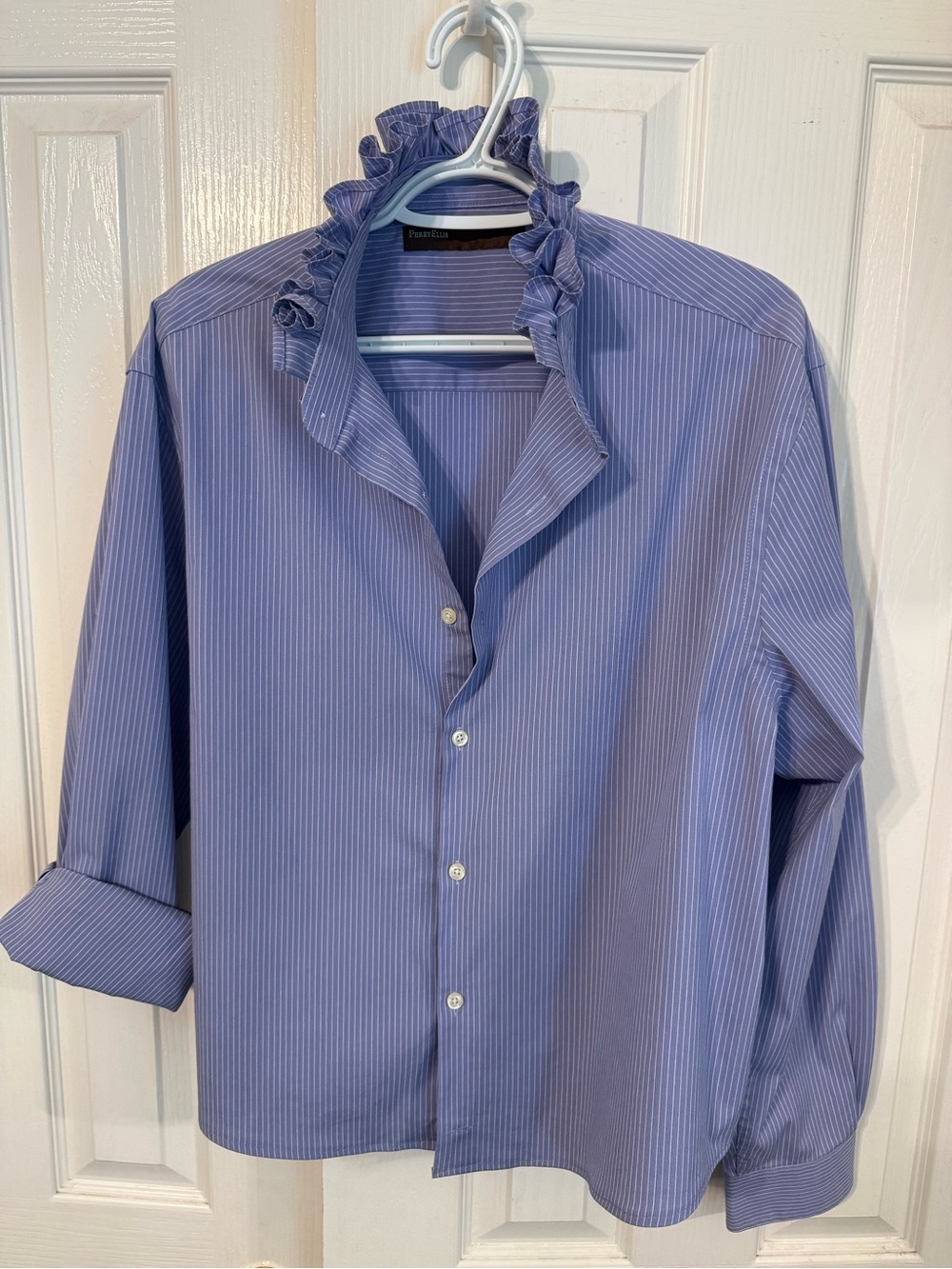 Woman’s Lavender Blue Pinstripe Ruffle-Collar Shirt